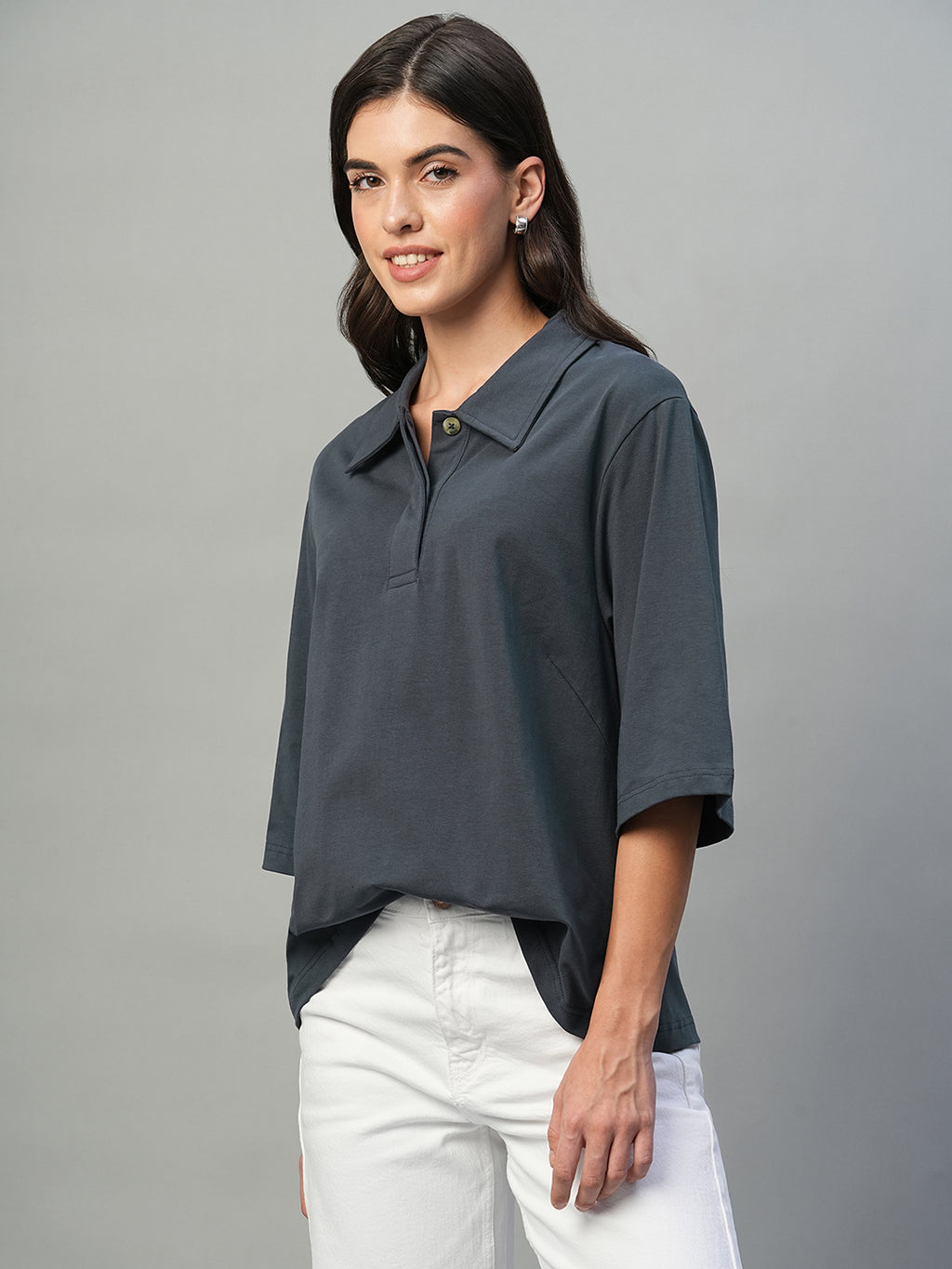 Women's Navy Cotton Elastane Regular Fit Tshirt