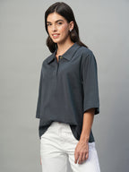 Women's Navy Cotton Elastane Regular Fit Tshirt