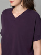 Women's Purple Cotton Elastane Loose Fit Tshirt
