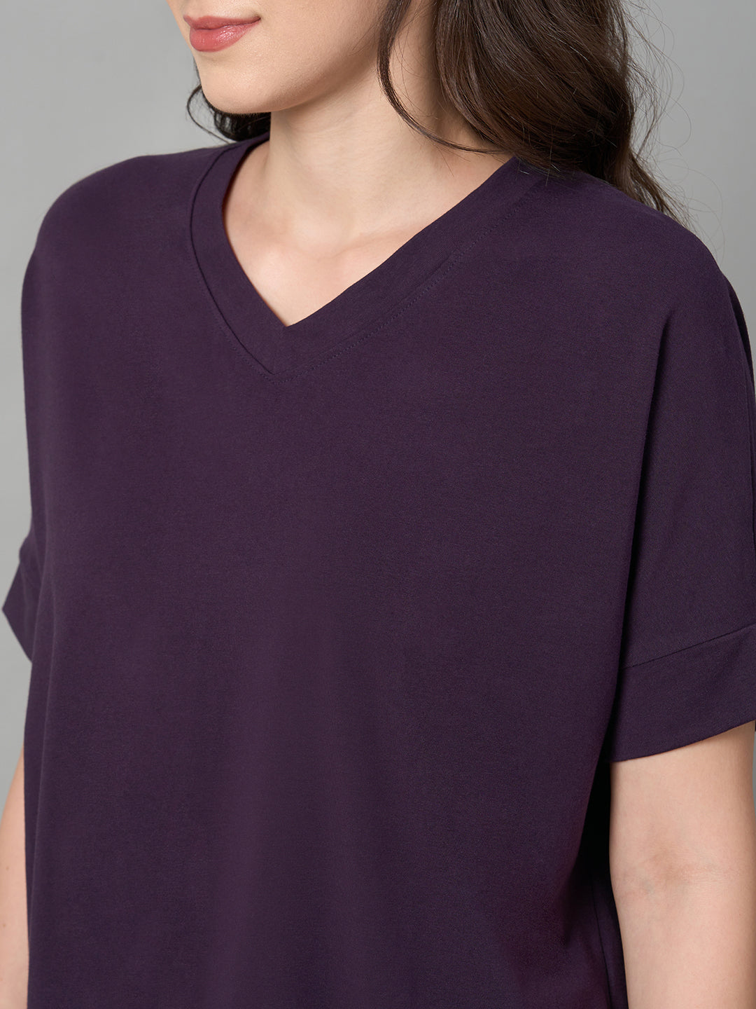 Women's Purple Cotton Elastane Loose Fit Tshirt