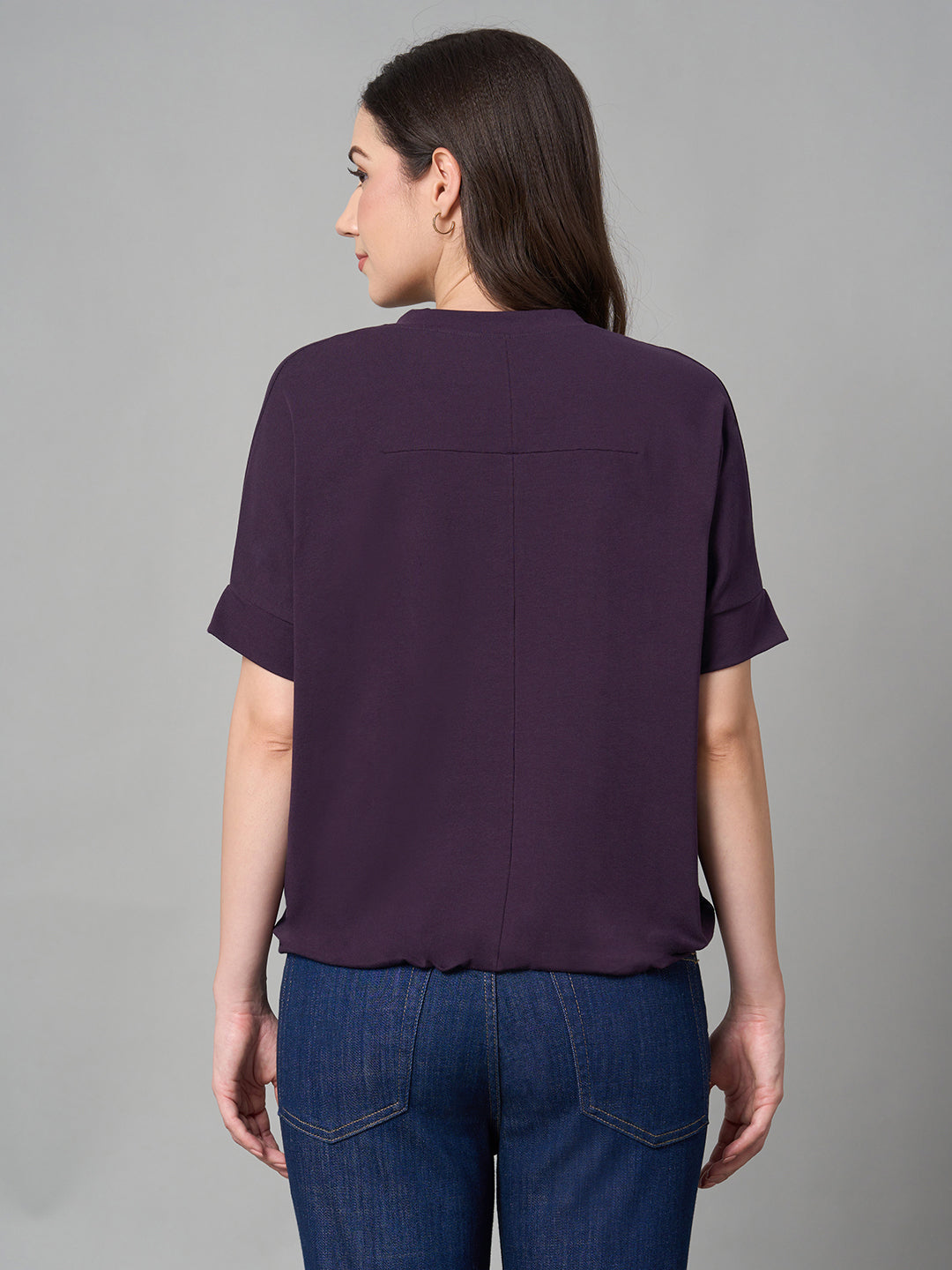 Women's Purple Cotton Elastane Loose Fit Tshirt