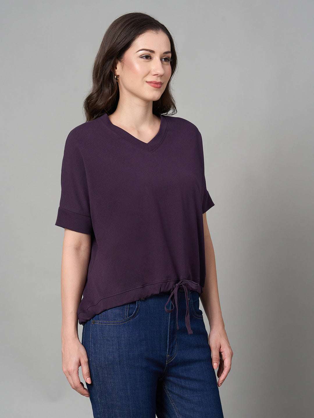 Women's Purple Cotton Elastane Loose Fit Tshirt