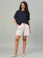 Women's Navy Cotton Elastane Loose Fit Tshirt