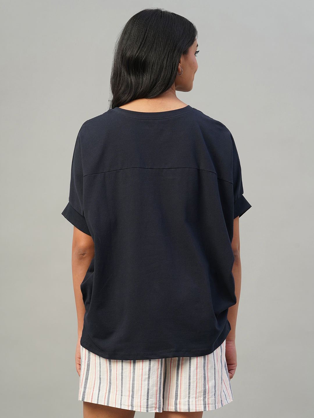 Women's Navy Cotton Elastane Loose Fit Tshirt