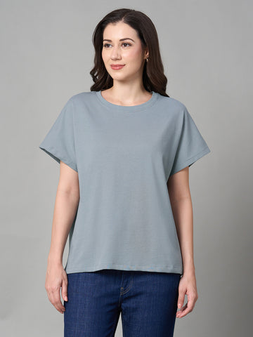Women's Blue 100% Cotton Loose Fit Tshirt
