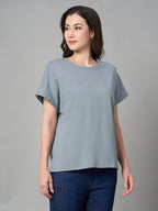 Women's Blue 100% Cotton Loose Fit Tshirt