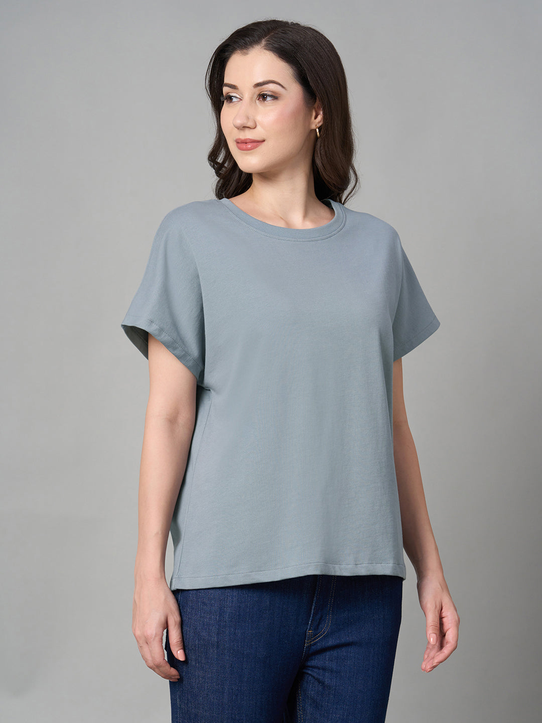 Women's Blue 100% Cotton Loose Fit Tshirt