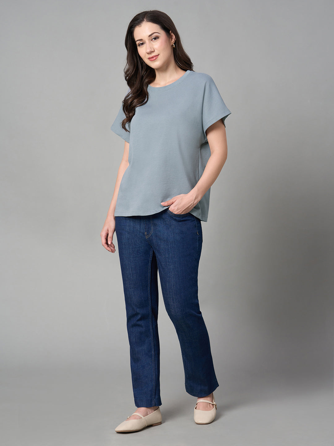 Women's Blue 100% Cotton Loose Fit Tshirt