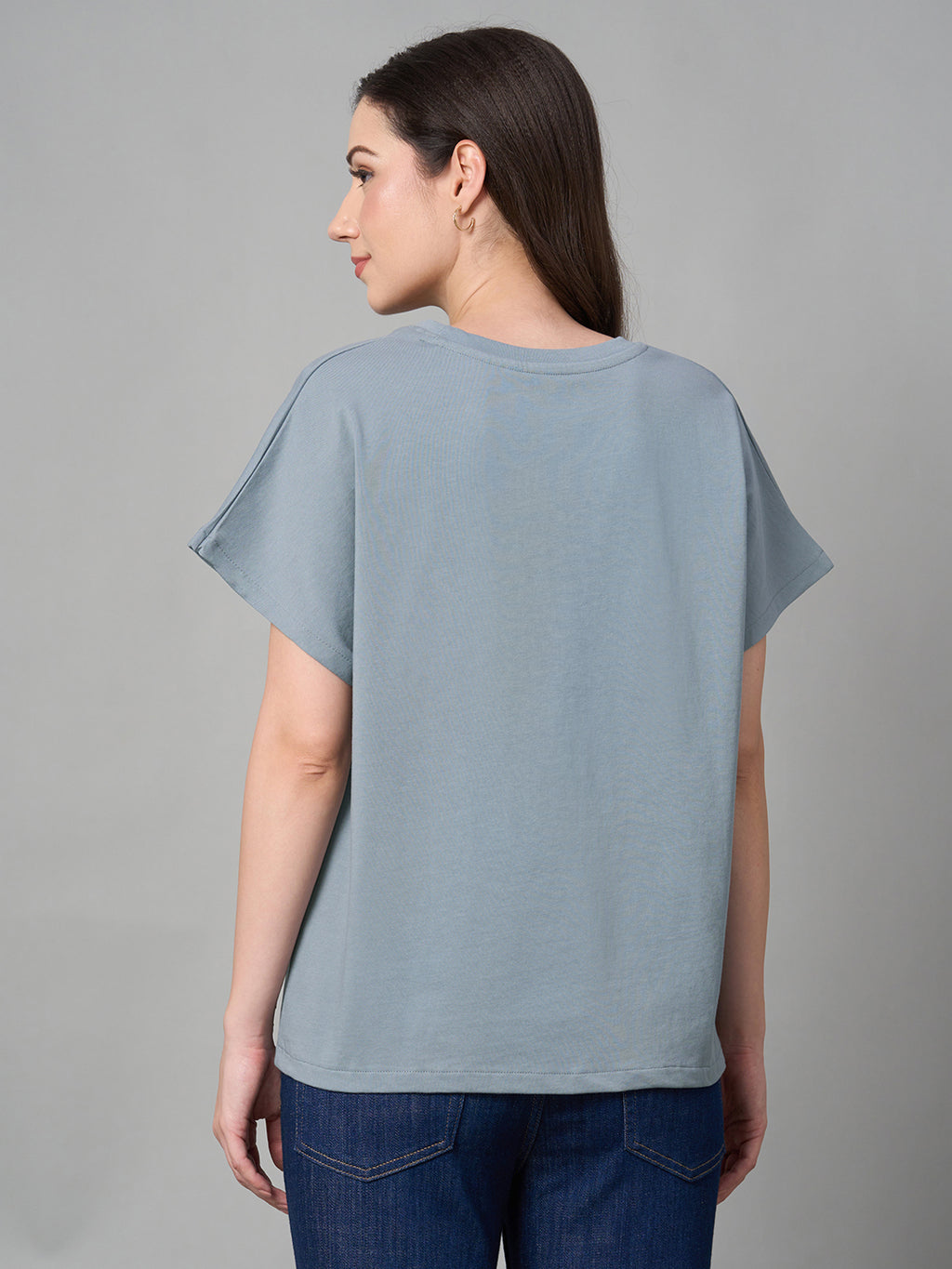 Women's Blue 100% Cotton Loose Fit Tshirt