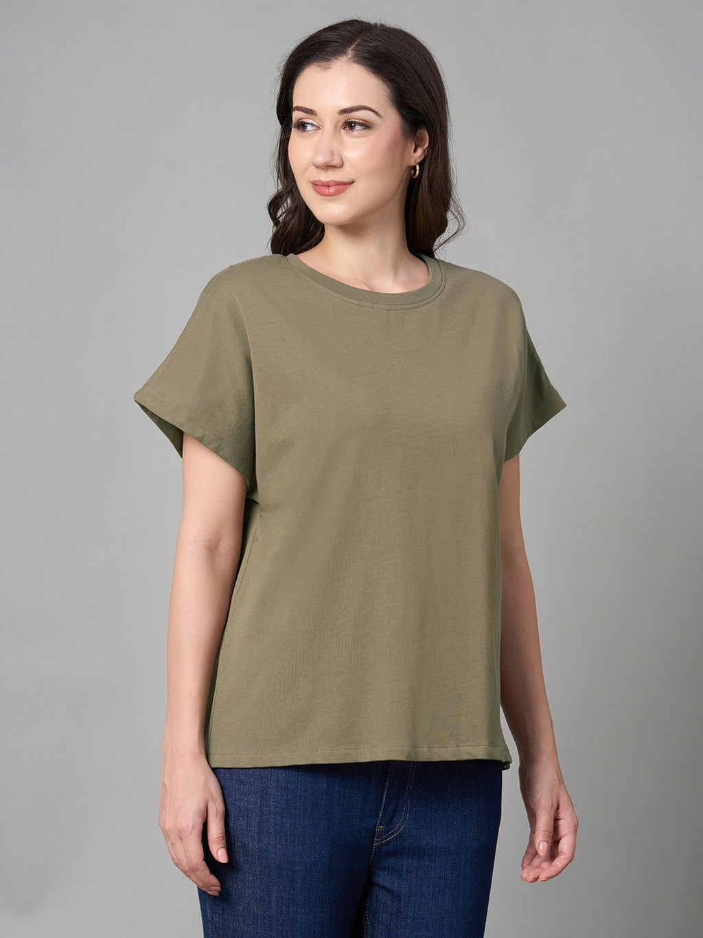 Women's Khaki 100% Cotton Loose Fit Tshirt