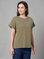 Women's Khaki 100% Cotton Loose Fit Tshirt