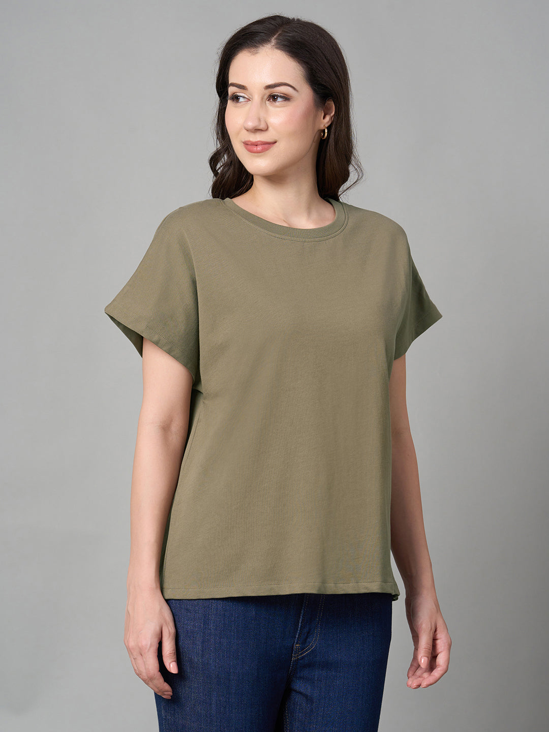 Women's Khaki 100% Cotton Loose Fit Tshirt