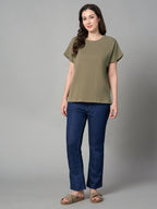 Women's Khaki 100% Cotton Loose Fit Tshirt