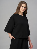 Women's Black Cotton Elastane Loose Fit Tshirt