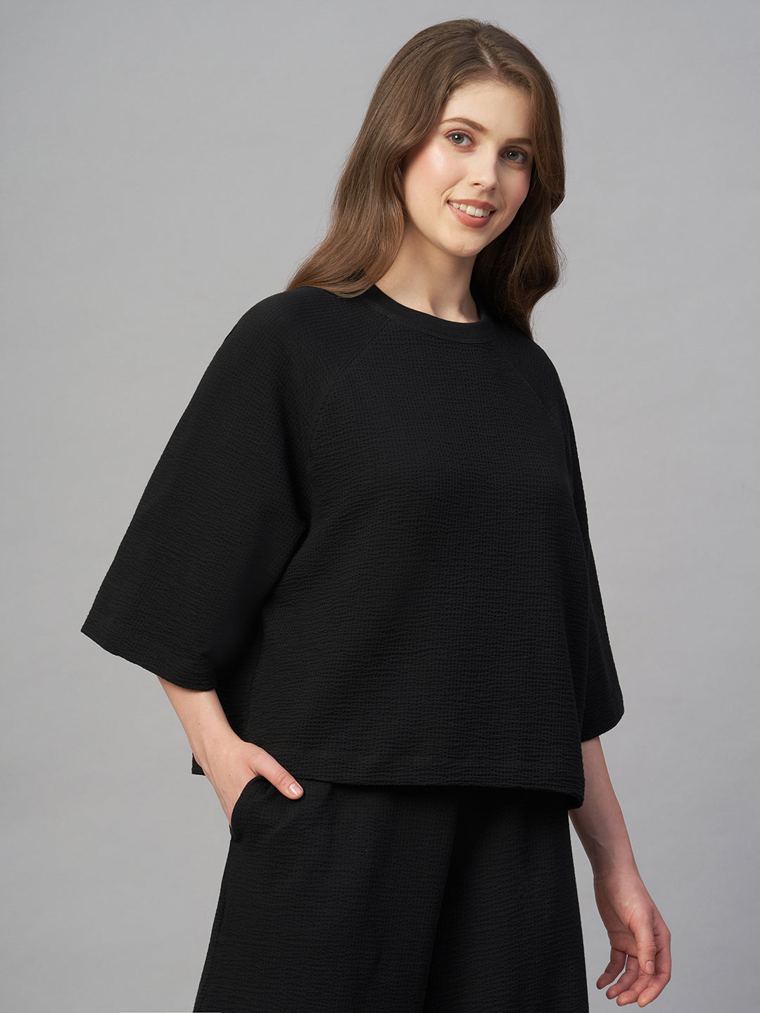 Women's Black Cotton Elastane Loose Fit Tshirt