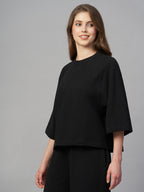 Women's Black Cotton Elastane Loose Fit Tshirt