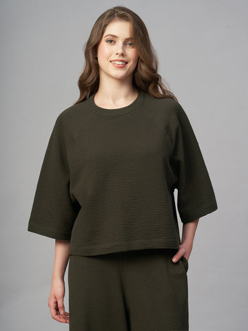 Women's Brown Cotton Elastane Loose Fit Tshirt