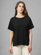 Women's Black Cotton Bamboo Elastane Loose Fit Tshirt