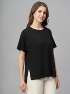 Women's Black Cotton Bamboo Elastane Loose Fit Tshirt