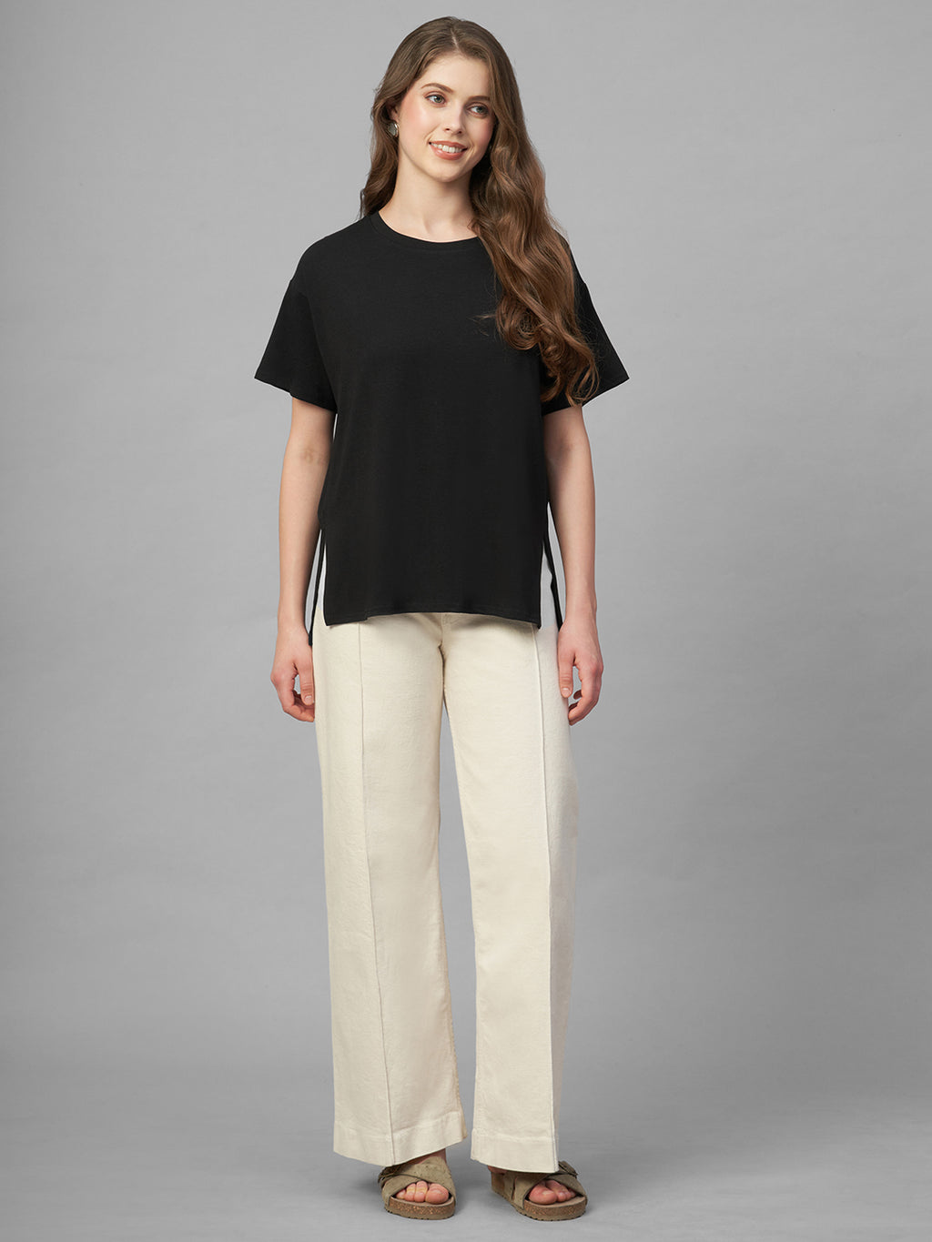 Women's Black Cotton Bamboo Elastane Loose Fit Tshirt