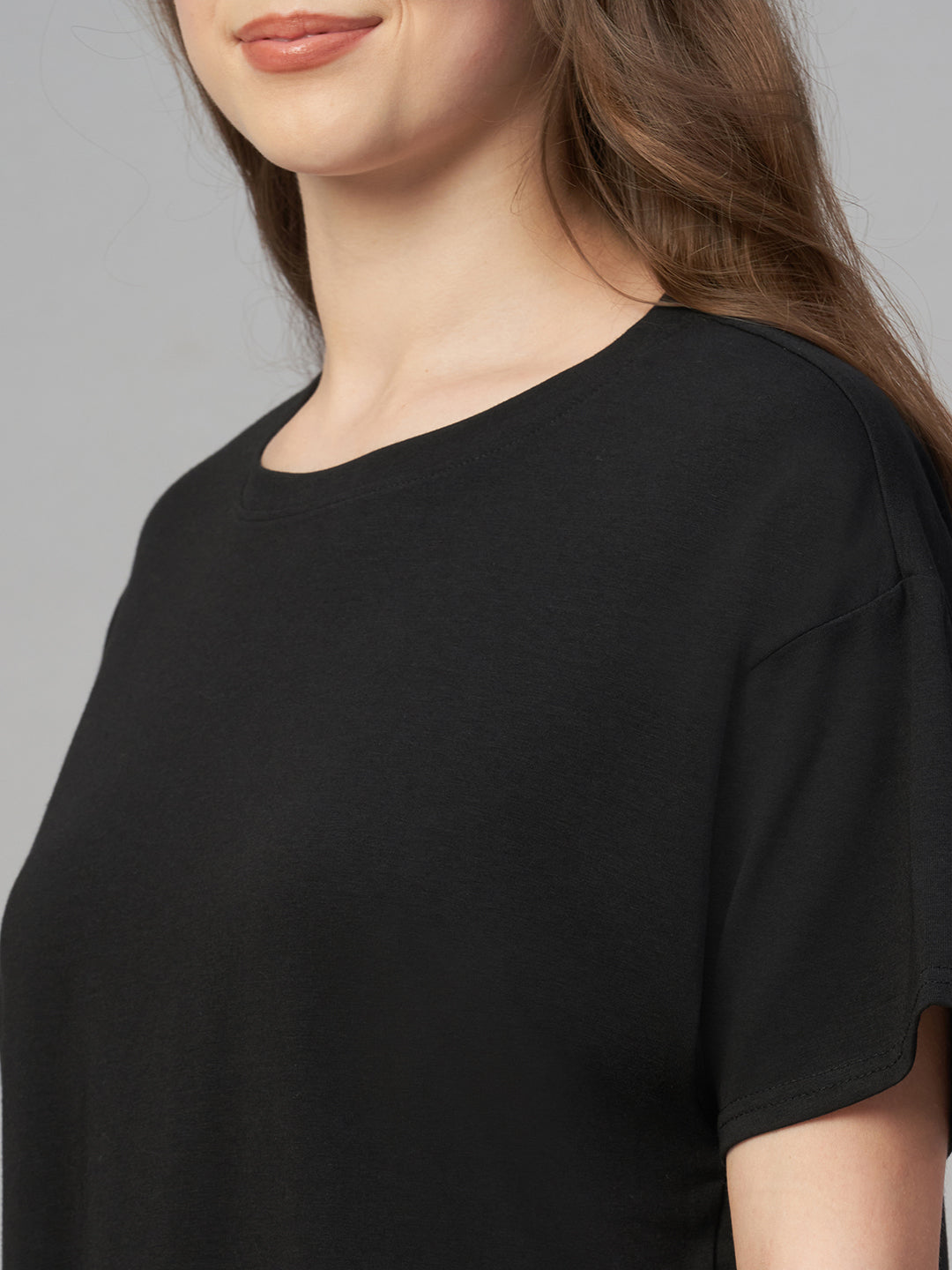 Women's Black Cotton Bamboo Elastane Loose Fit Tshirt