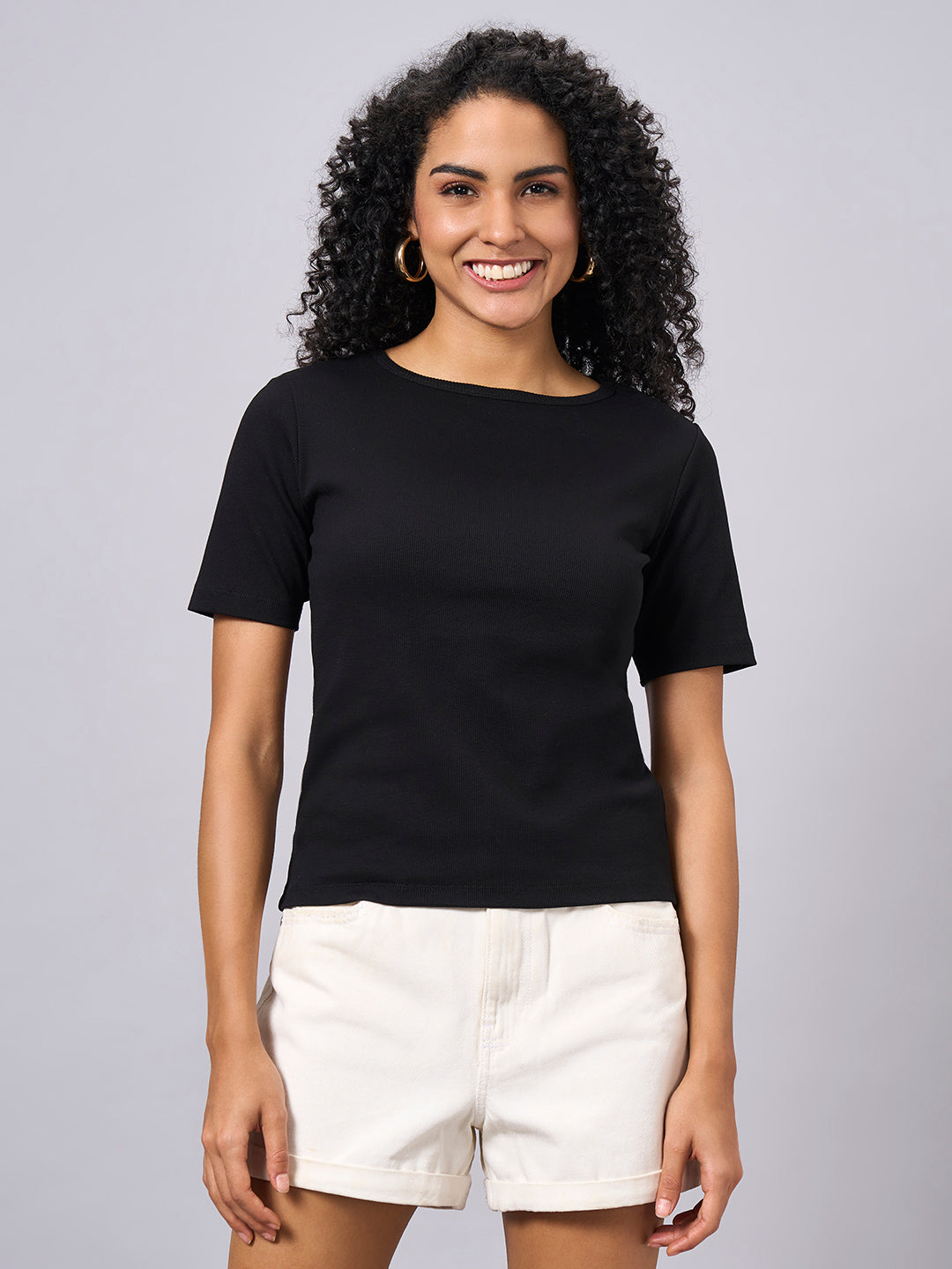 Women's Black Cotton Elastane Regular Fit Tshirt