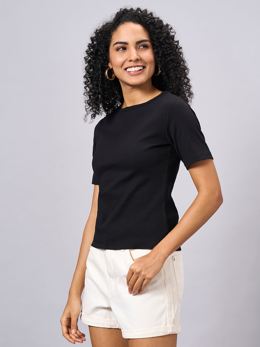 Women's Black Cotton Elastane Regular Fit Tshirt