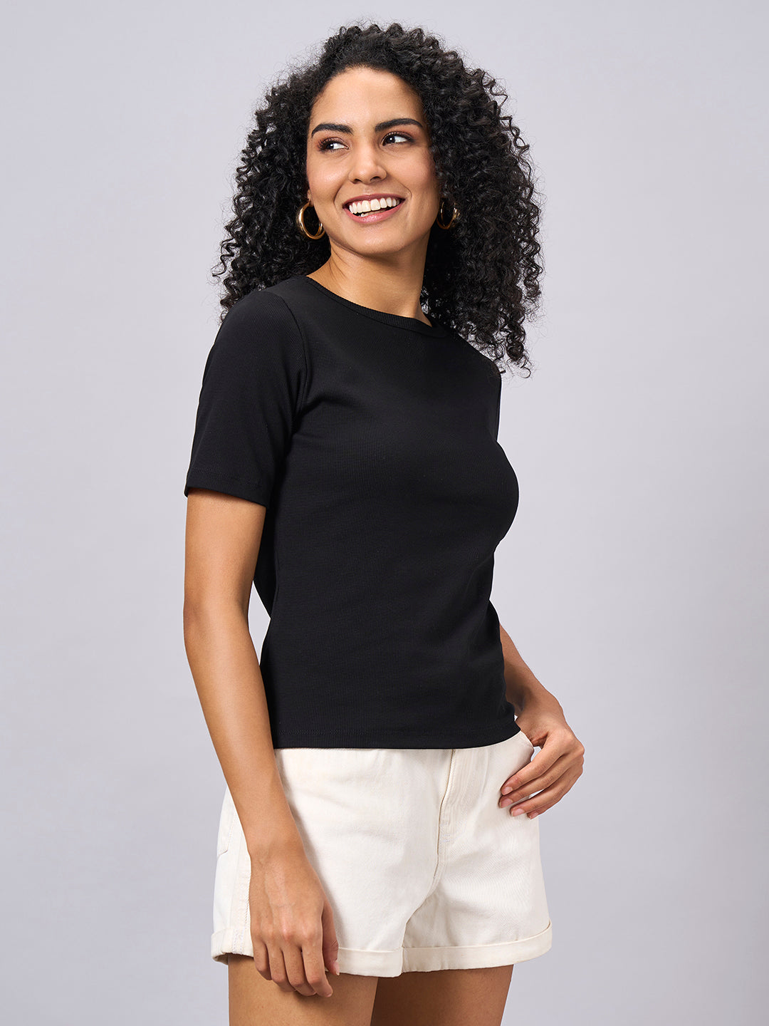 Women's Black Cotton Elastane Regular Fit Tshirt