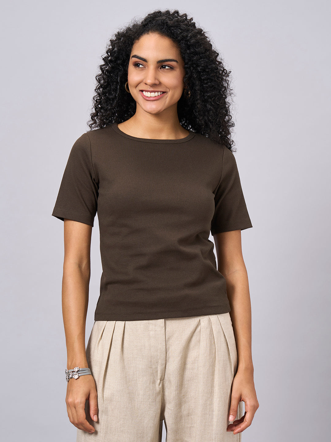 Women's Brown Cotton Elastane Regular Fit Tshirt