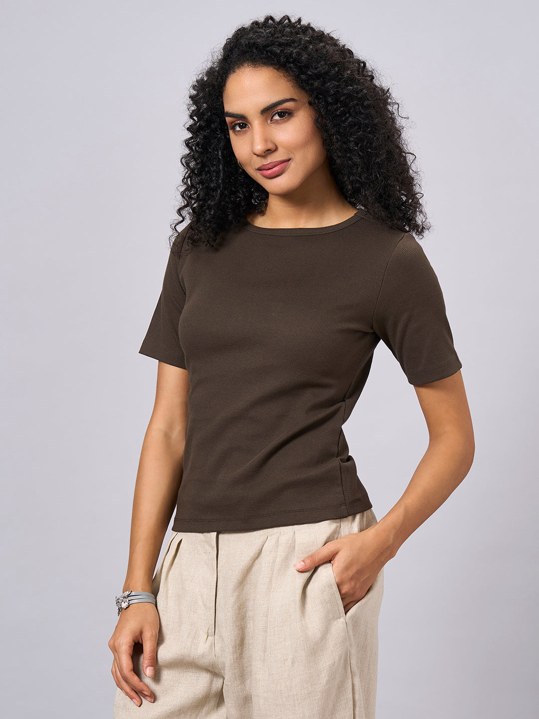 Women's Brown Cotton Elastane Regular Fit Tshirt