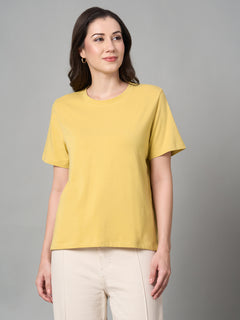 Women's Cotton Bamboo Elastane Regular Fit Tshirt Mustard