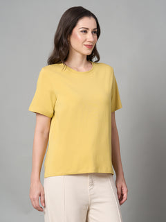 Women's Cotton Bamboo Elastane Regular Fit Tshirt Mustard