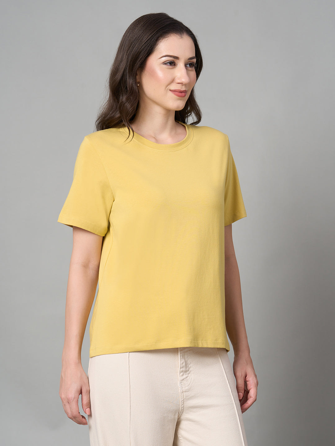 Women's Mustard Cotton Bamboo Elastane Regular Fit Tshirt