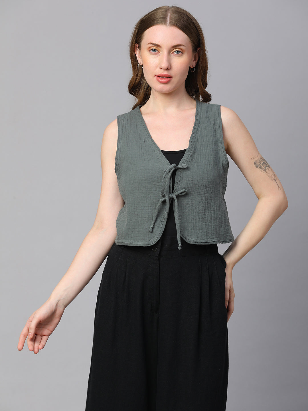 Women's Grey Cotton Regular Fit Waistcoat