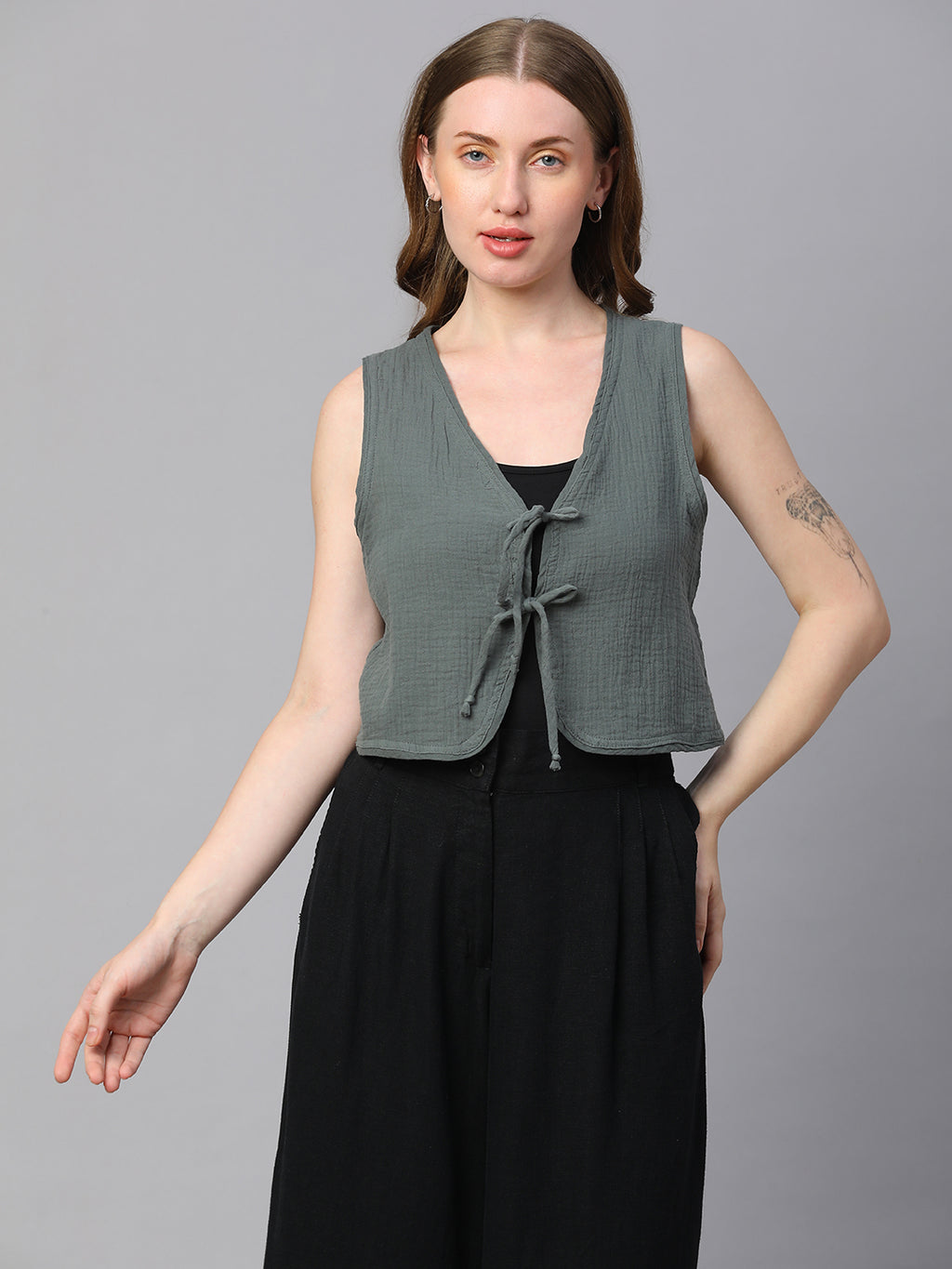 Women's Grey Cotton Regular Fit Waistcoat