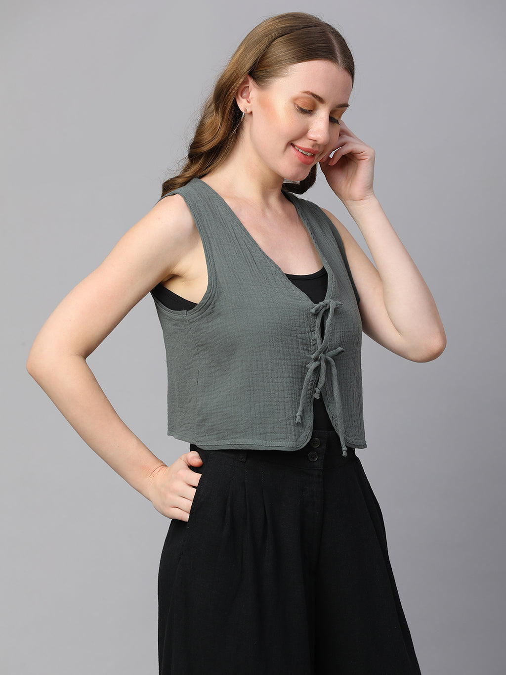 Women's Grey Cotton Regular Fit Waistcoat