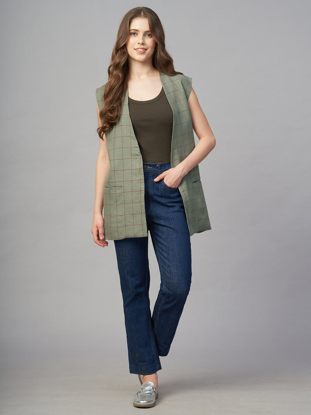 Women's Olive 100% Linen Boxy Fit Waistcoat