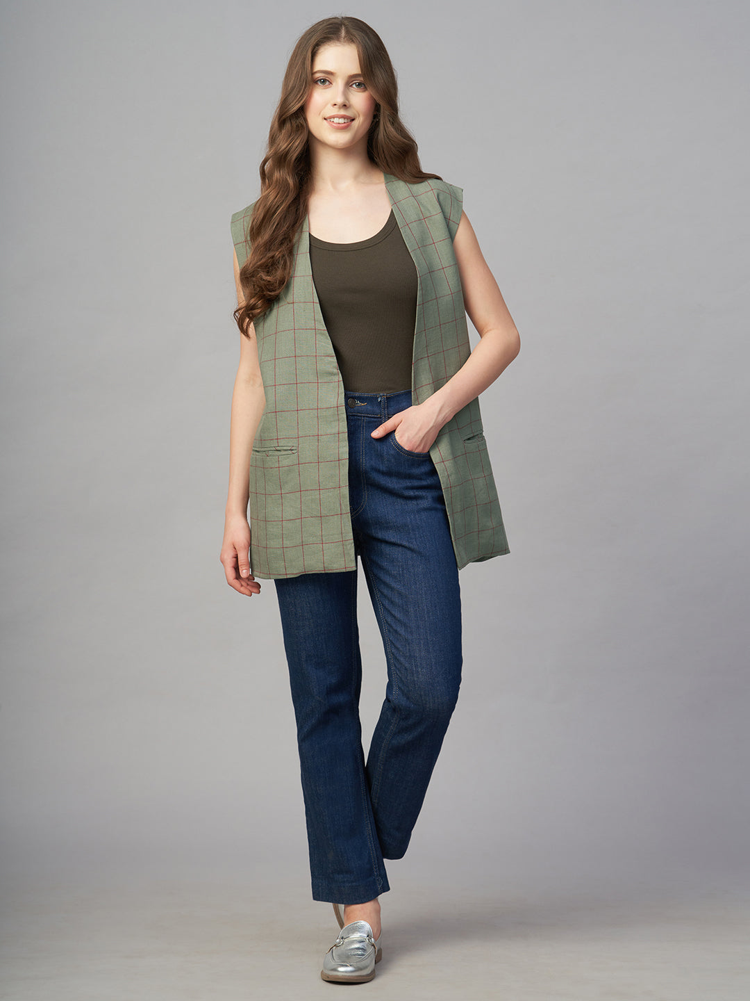 Women's Olive 100% Linen Boxy Fit Waistcoat
