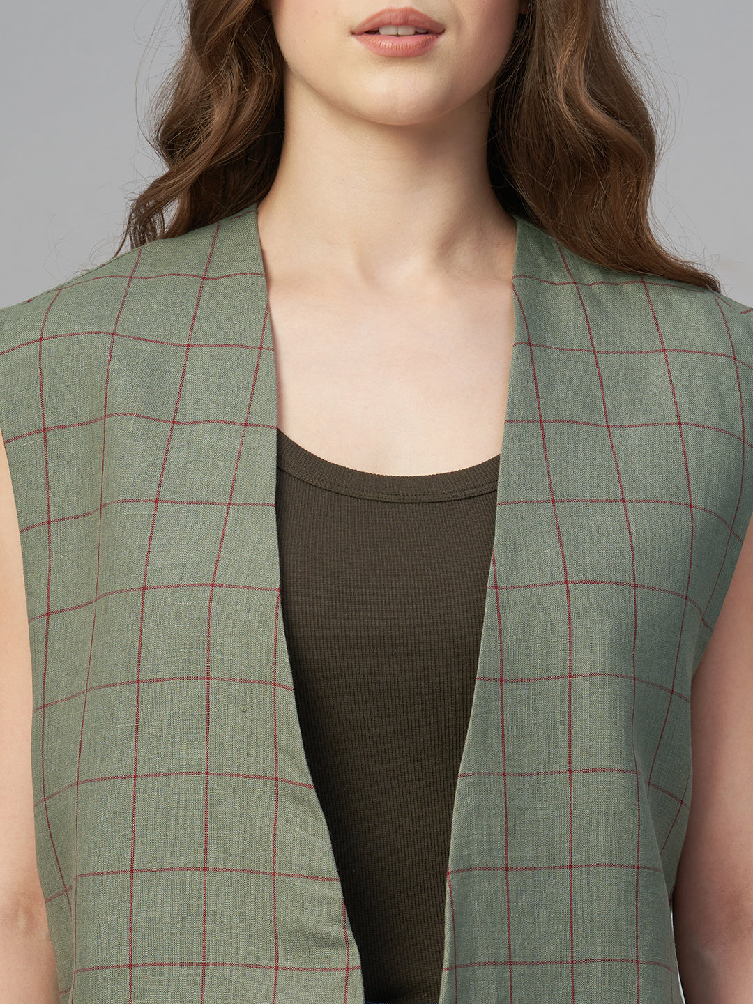 Women's Olive 100% Linen Boxy Fit Waistcoat