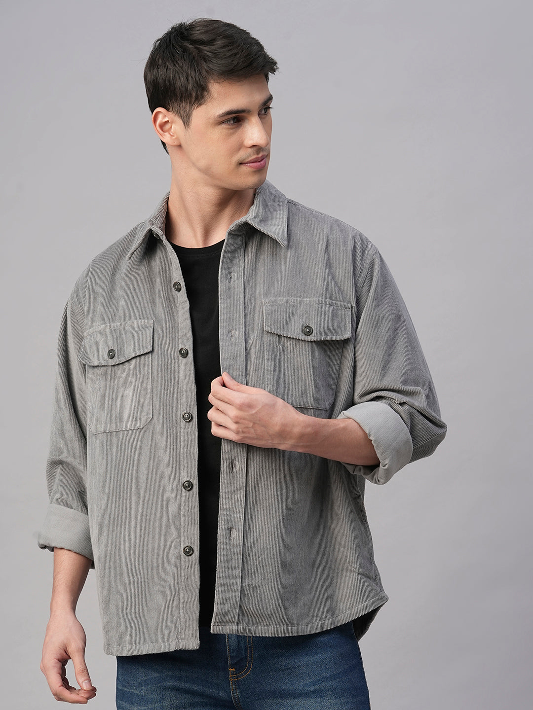 Men's Corduroy Grey 100% Cotton Regular Fit Jackets