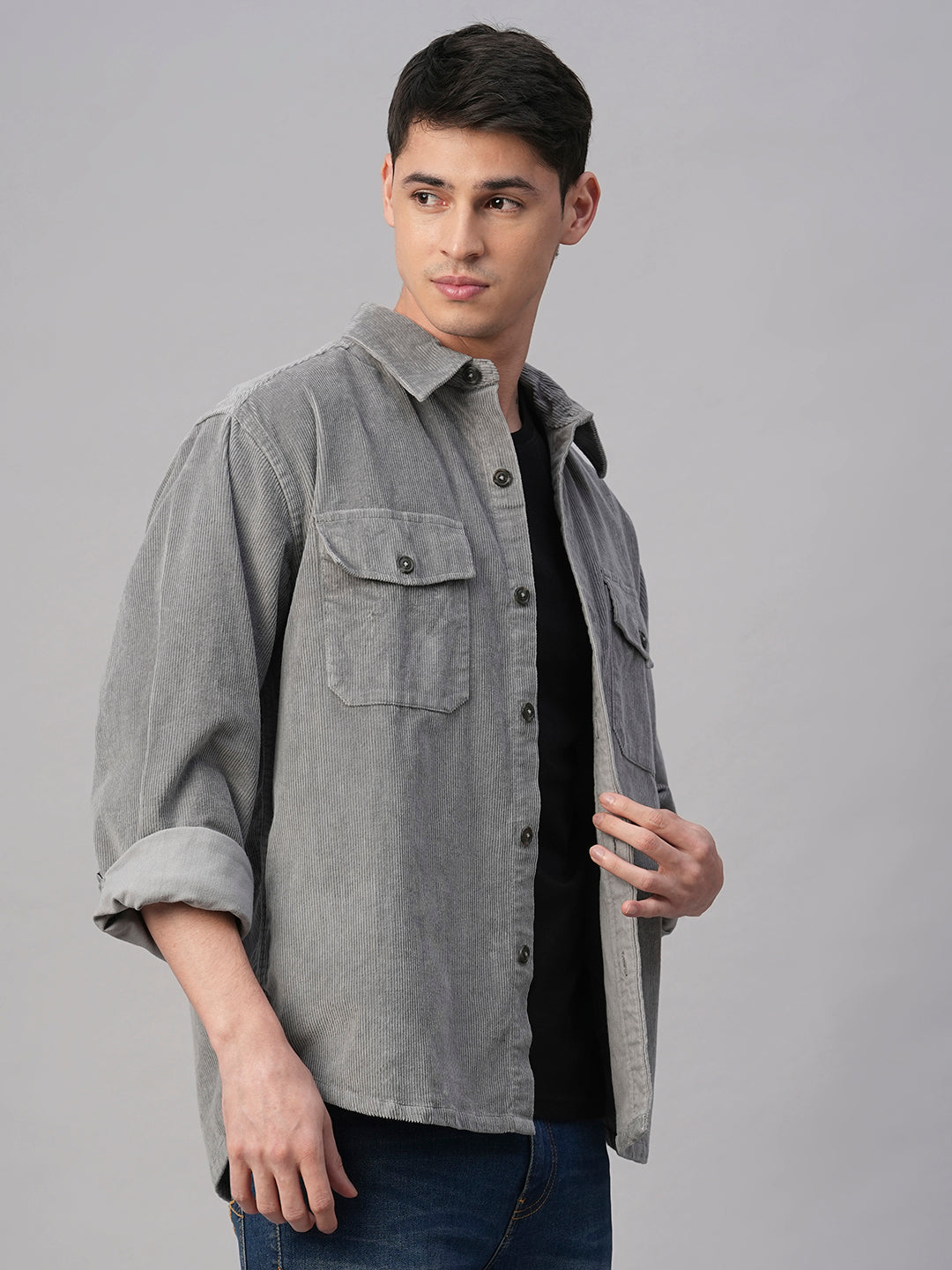 Men's Corduroy Grey 100% Cotton Regular Fit Jackets