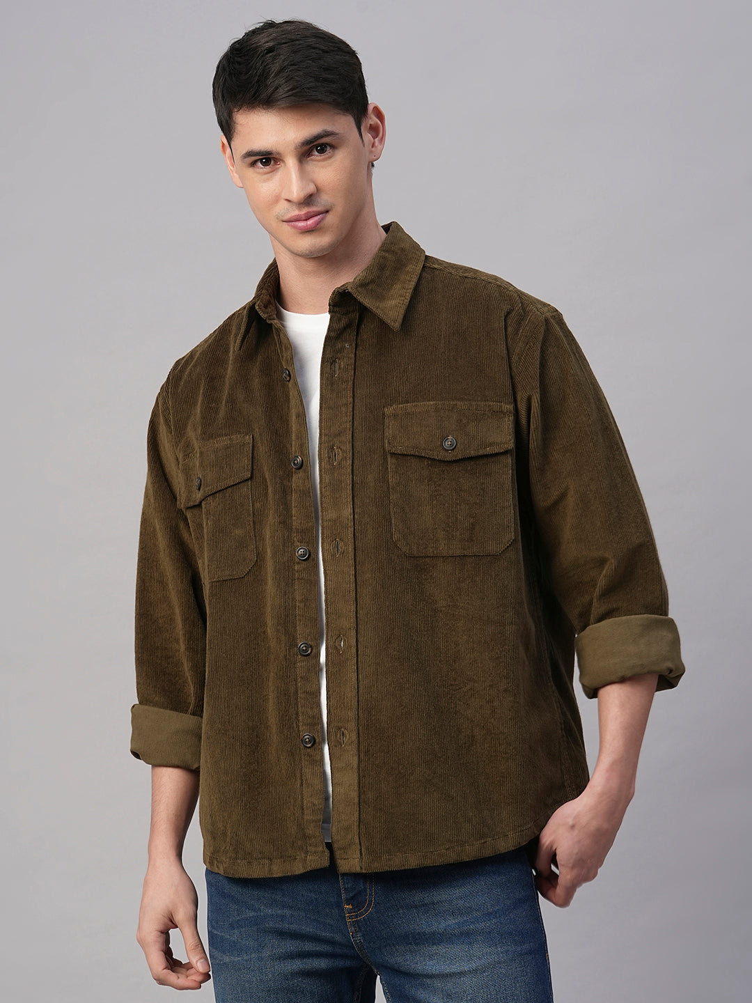 Men's Olive Cotton Regular Fit Jackets