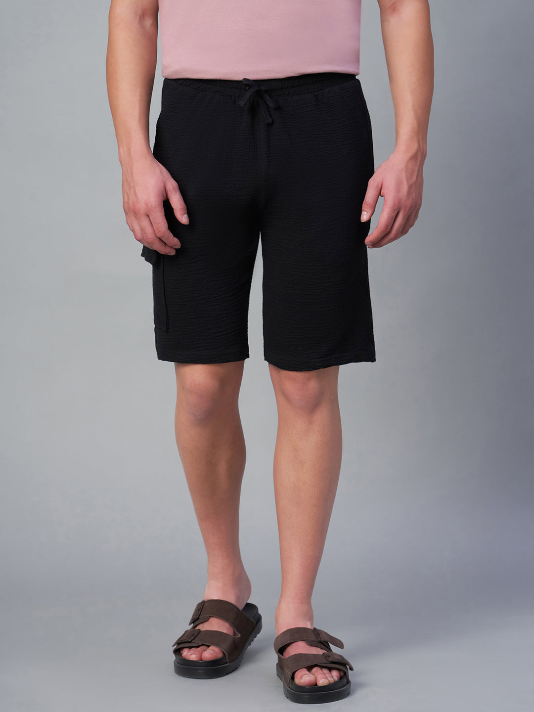 Men's Black Cotton Elastane Regular Fit Knit Shorts