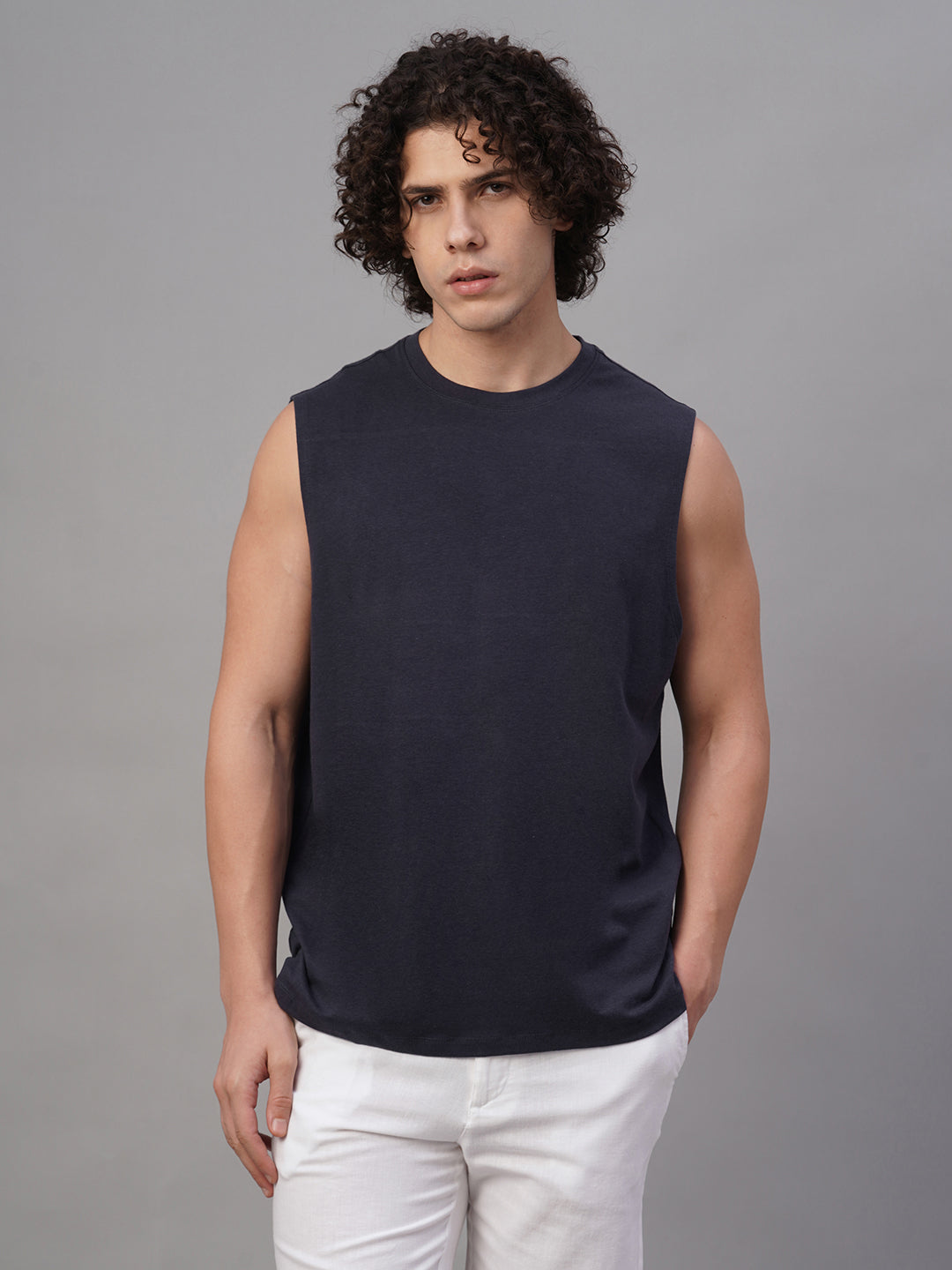 Men's Navy Cotton Bamboo Elastane Regular Fit Knit Vest