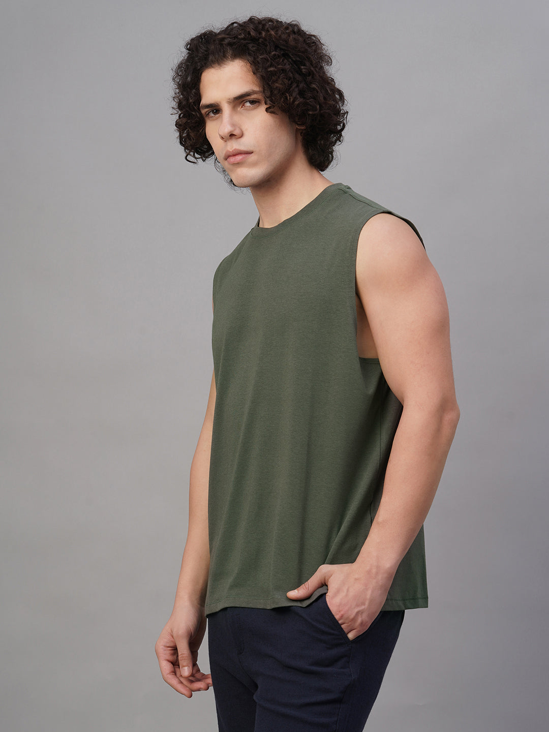 Men's Olive Cotton Bamboo Elastane Regular Fit Knit Vest