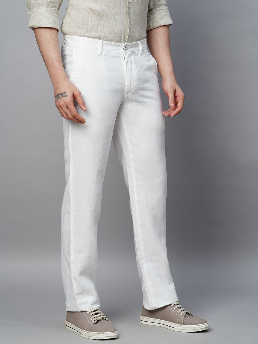 Men's White 100% Linen Regular Fit Pant