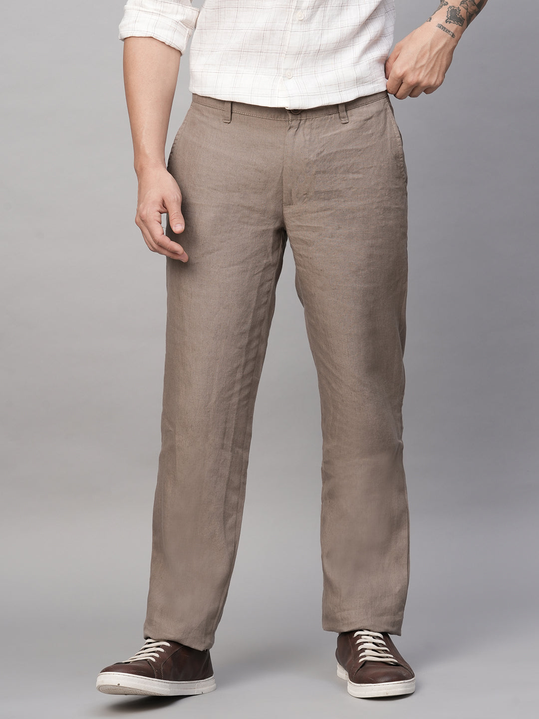 Men's Lt Brown 100% Linen Regular Fit Pant