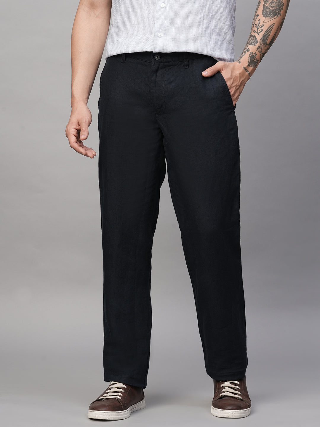 Men's Navy 100% Linen Regular Fit Pant