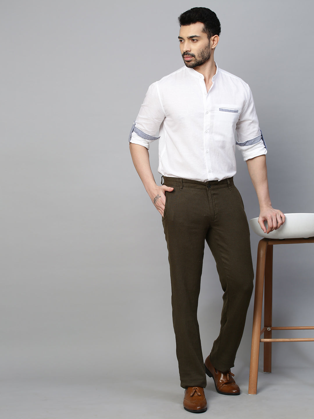 Men's Olive Linen Regular Fit Pant