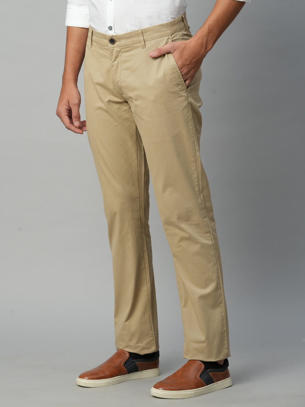 Men's Khaki Cotton Lycra Regular Fit Pant
